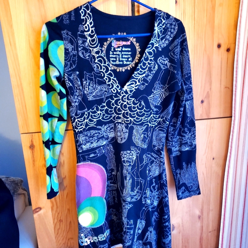 Desigual Women's Colourful Long Sleeve V Neck Knit Dress size XS